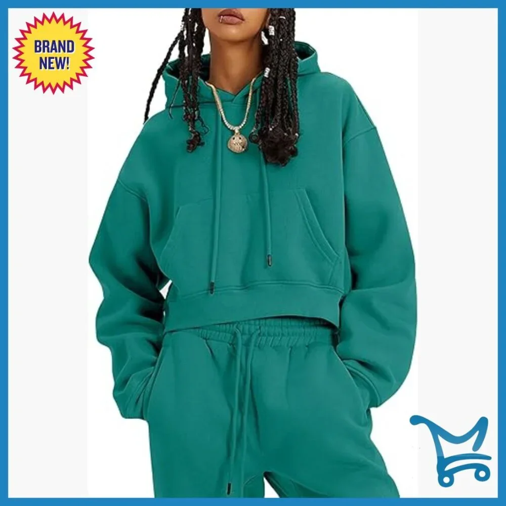 Fleece Jogger Set Crop Top Hoodie High Waist Pants Activewear
